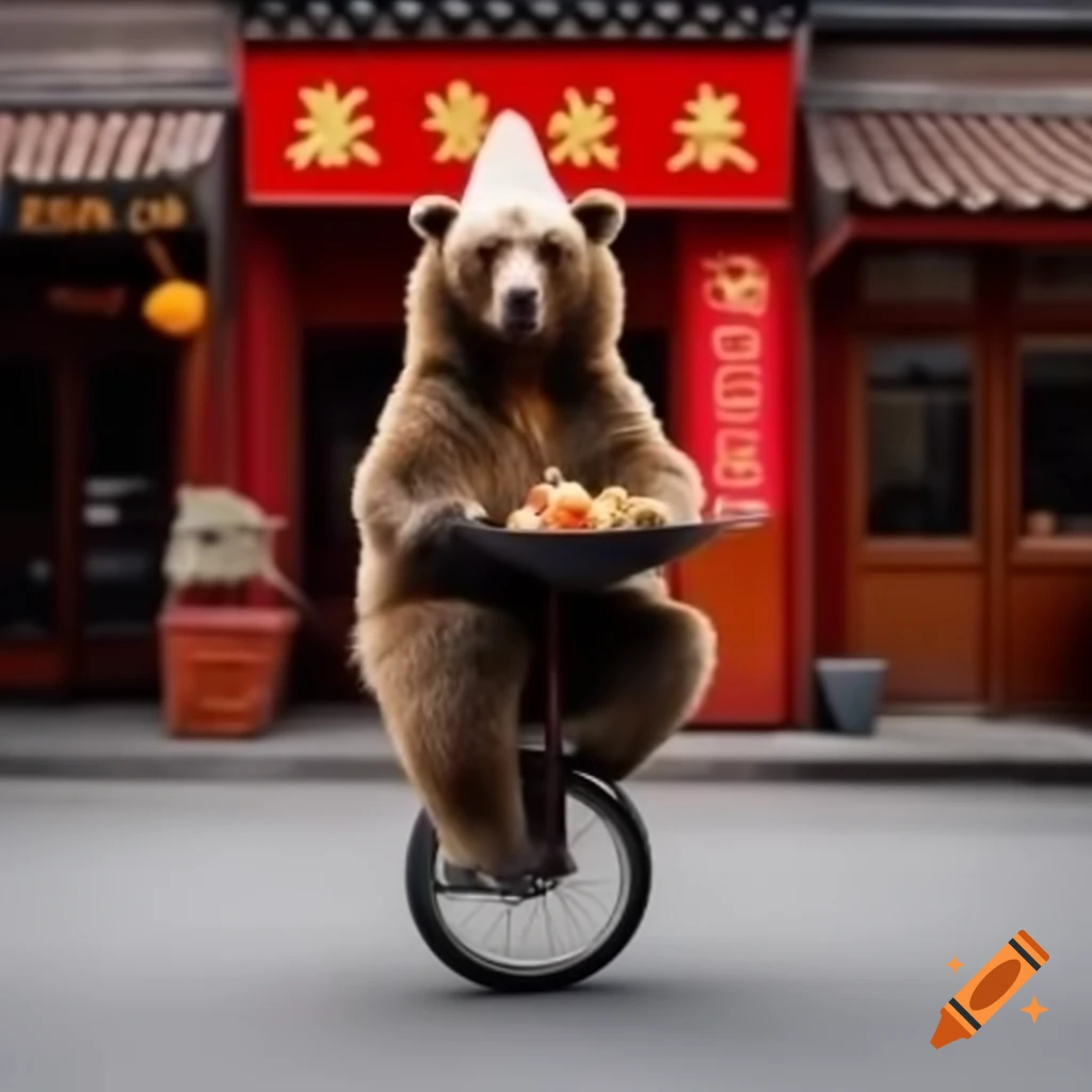 Circus bear on unicycle wearing fez eating Chinese food outside Chen's Garden restaurant