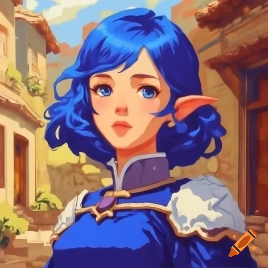 Retro impressionist pixelart portrait of blue-haired demi-elf in nomad village