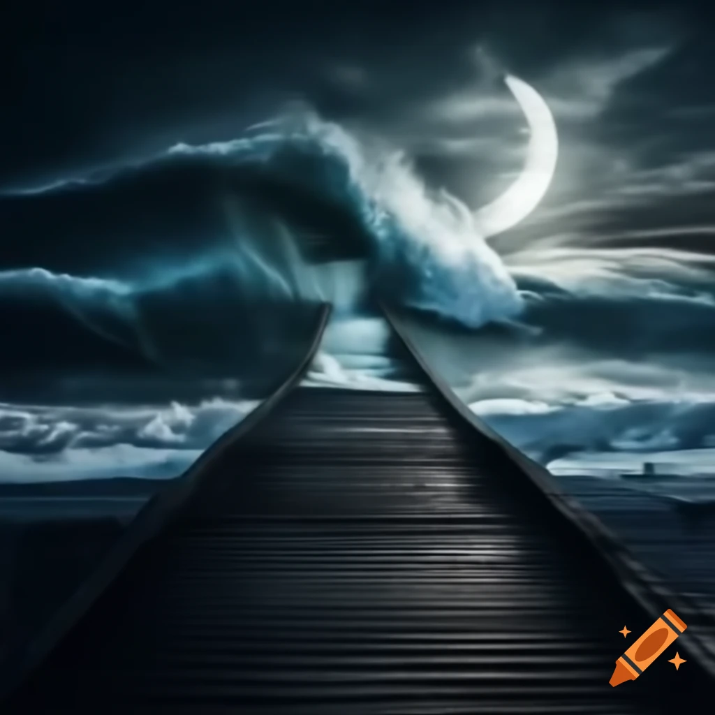 Silhouette of hiker sitting on jetty with wave crashing at midnight and moon in background