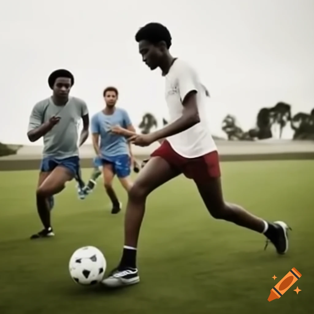 Male friends engaged in a football game