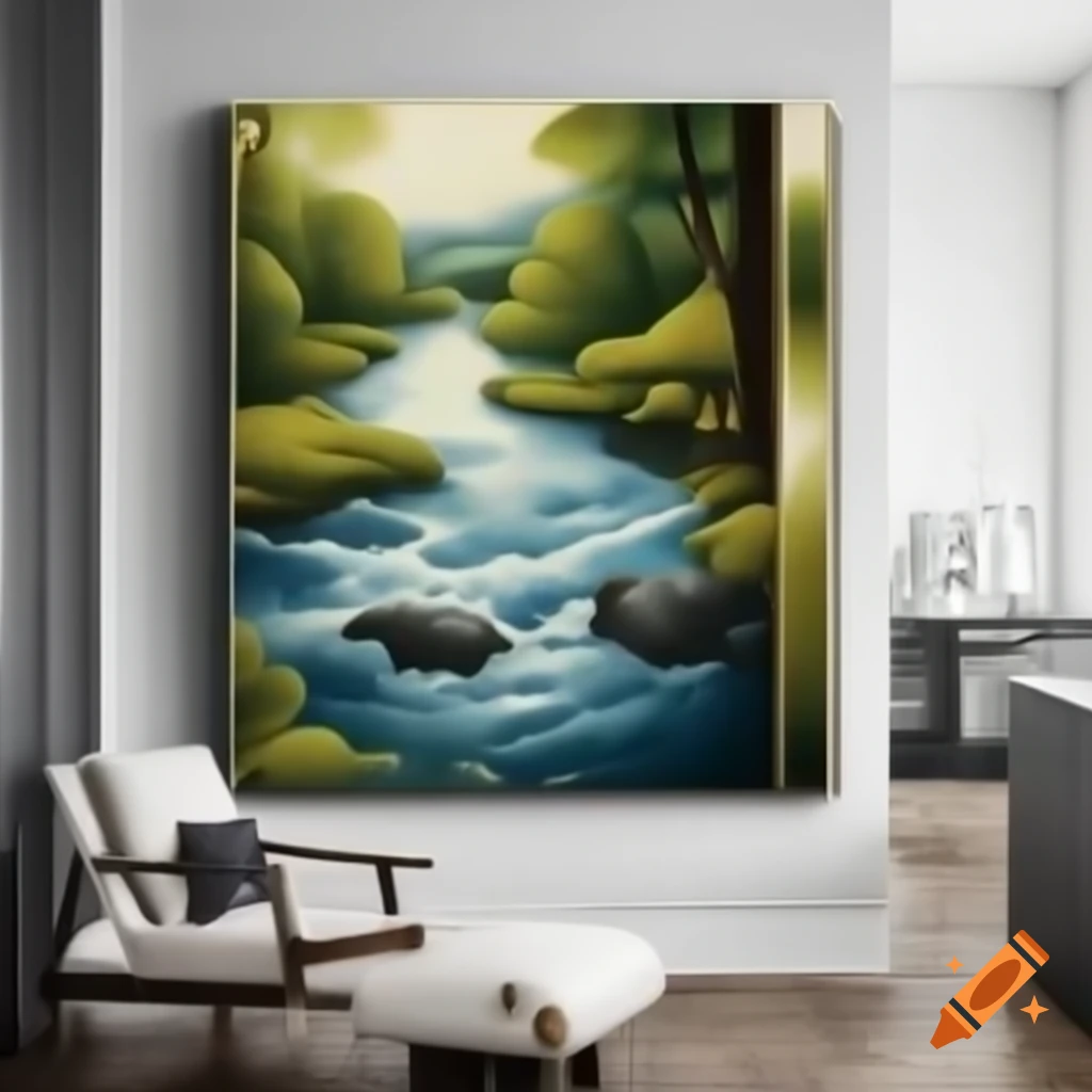 Oil painting of a river spilling into a room
