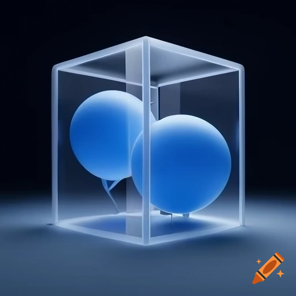 Transparent cube in outer space containing two blue balloons