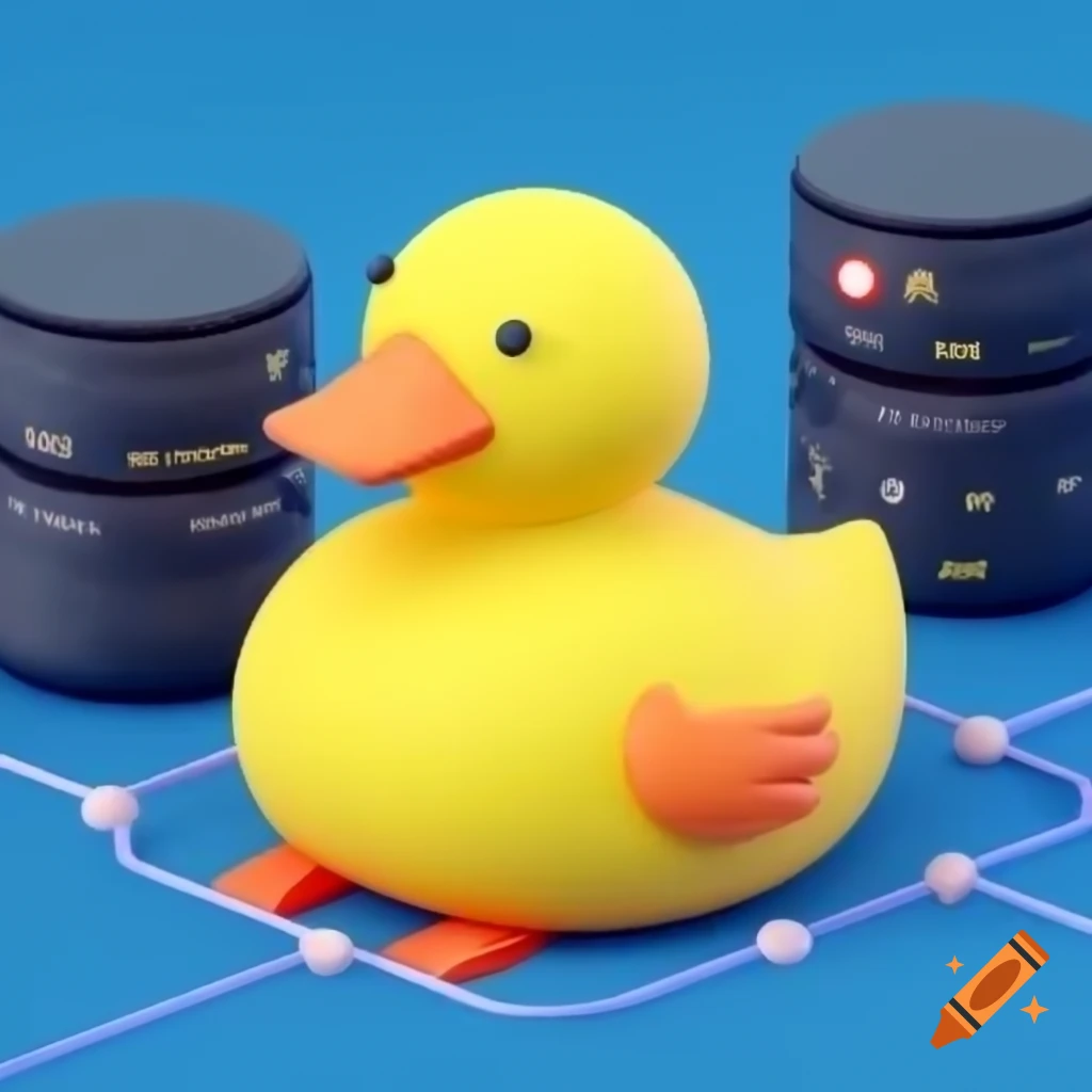 Cartoon yellow duck logo on cluster of data servers