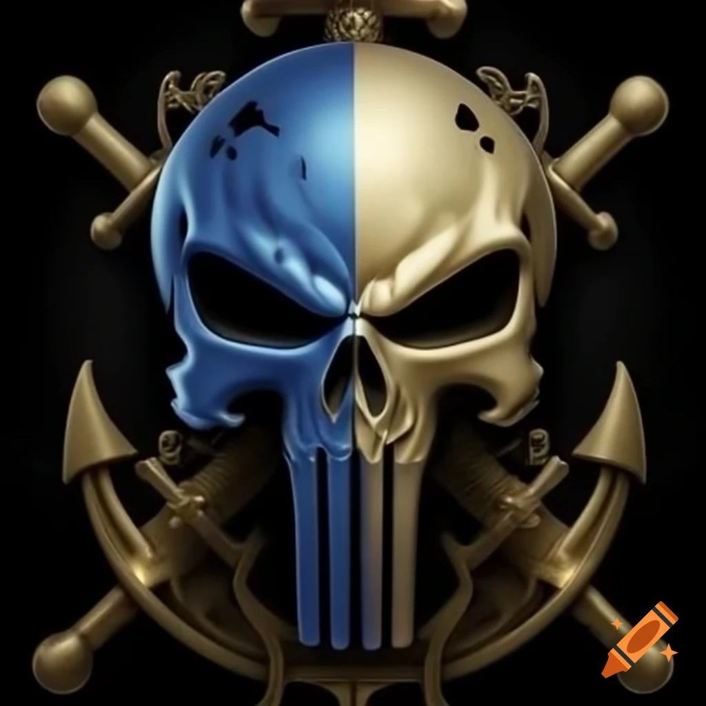 Punisher skull with anchor in blue and gold, United States Navy theme