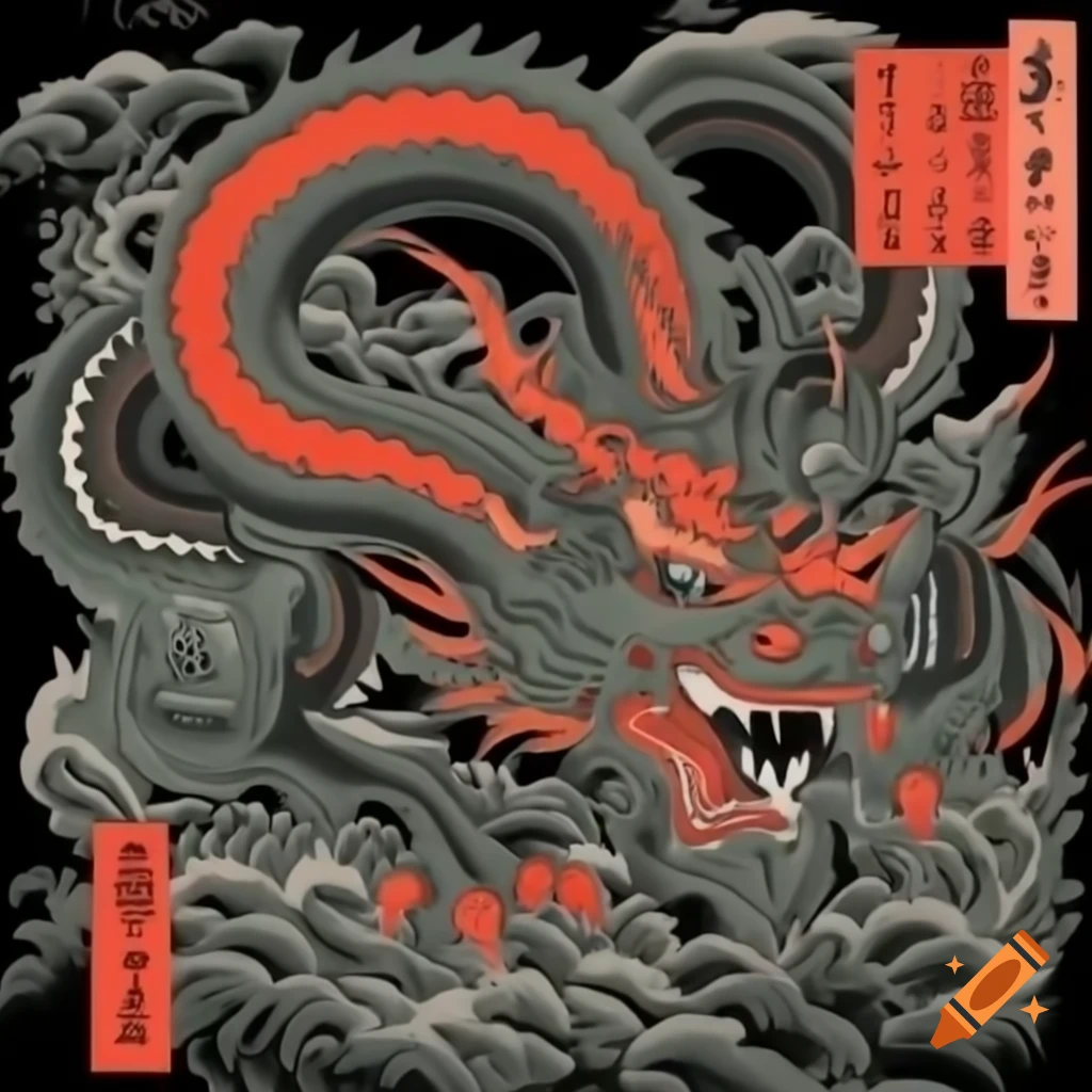 Ukiyo-e style detailed drawing of a lightning dragon in black and red