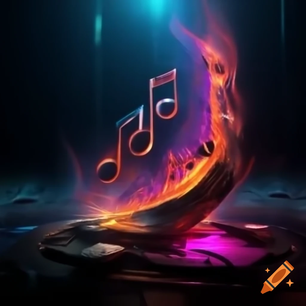 Music notes on fire in synthwave style