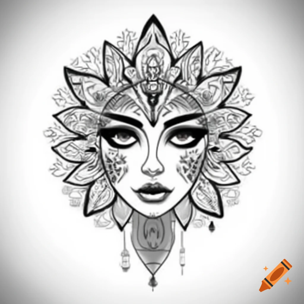 Mandala-style tattoo design featuring a flower face drawn in pencil