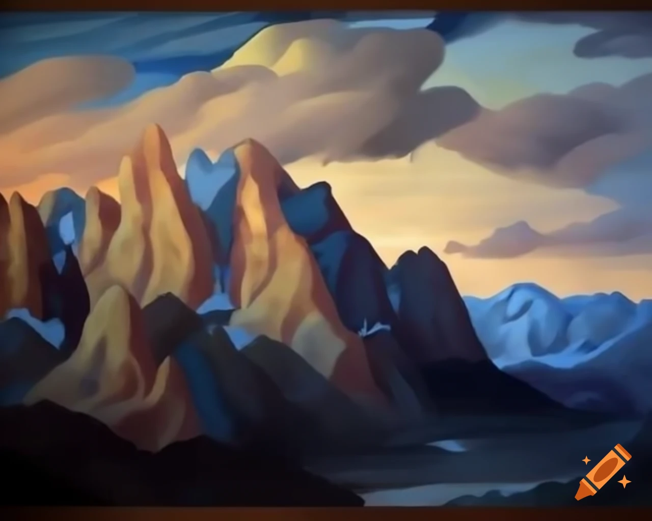 Intricate fresco painting of odd mountains at dusk