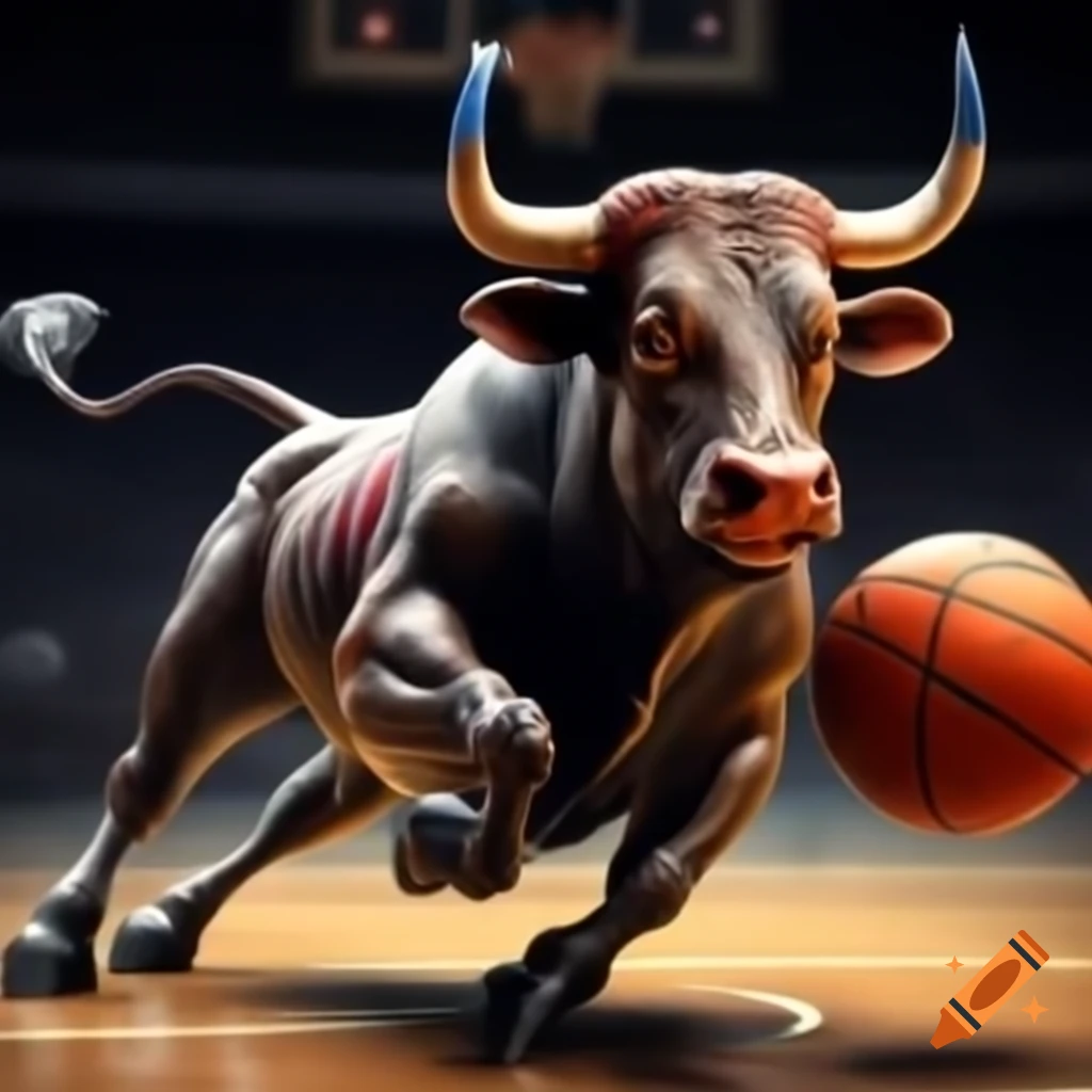 Bull playing basketball in a fun and whimsical scene