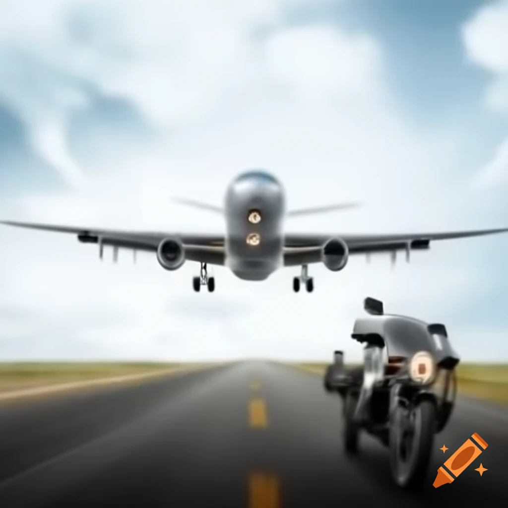 Plane landing on a car road with motorcycle underneath