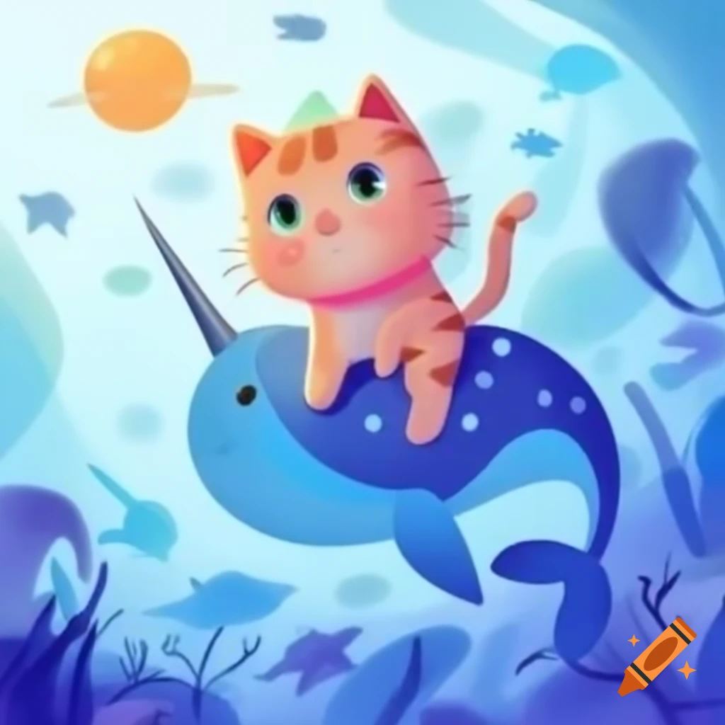 Cat riding a narwhal in a whimsical scene