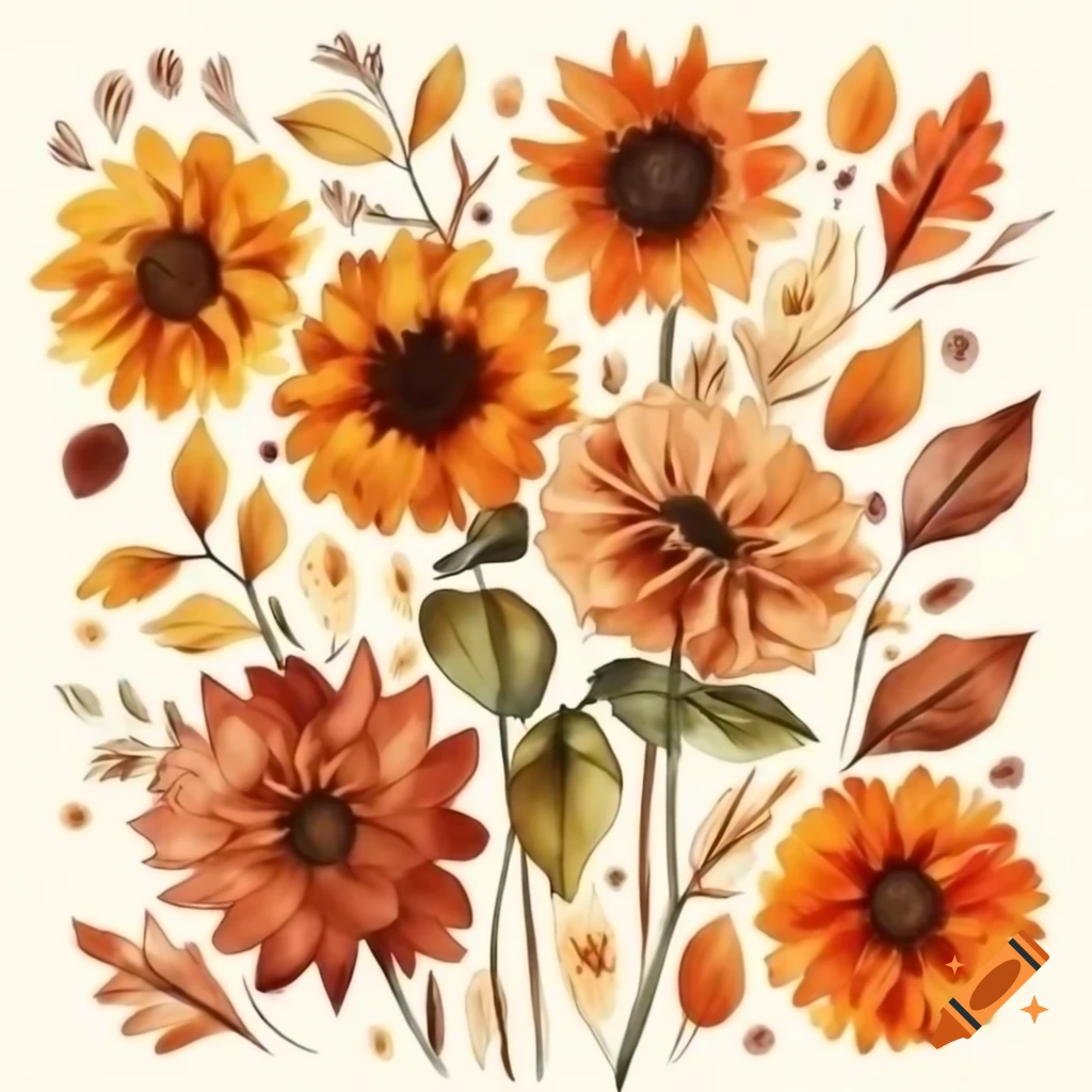 Warm watercolor illustration of autumn flowers in earthy tones