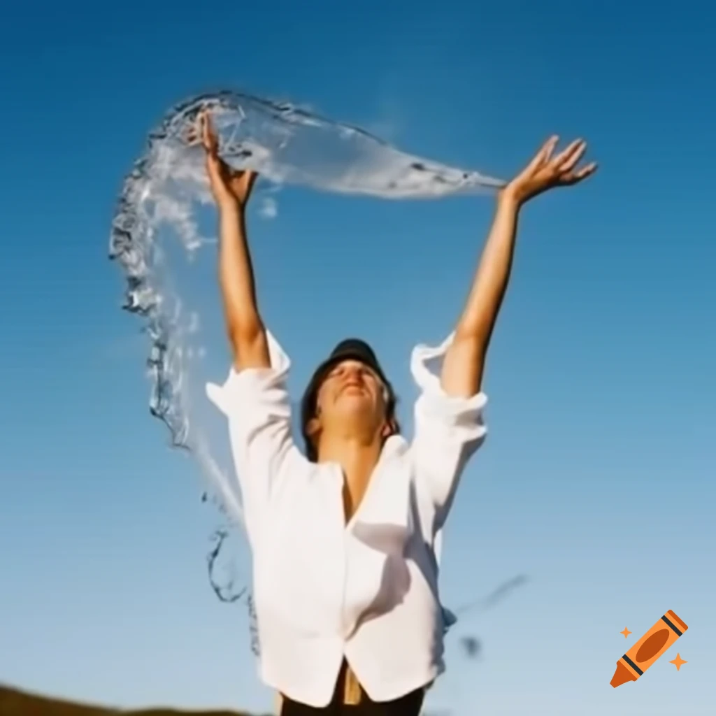 Person in white shirt kneeling with arms raised under pouring water