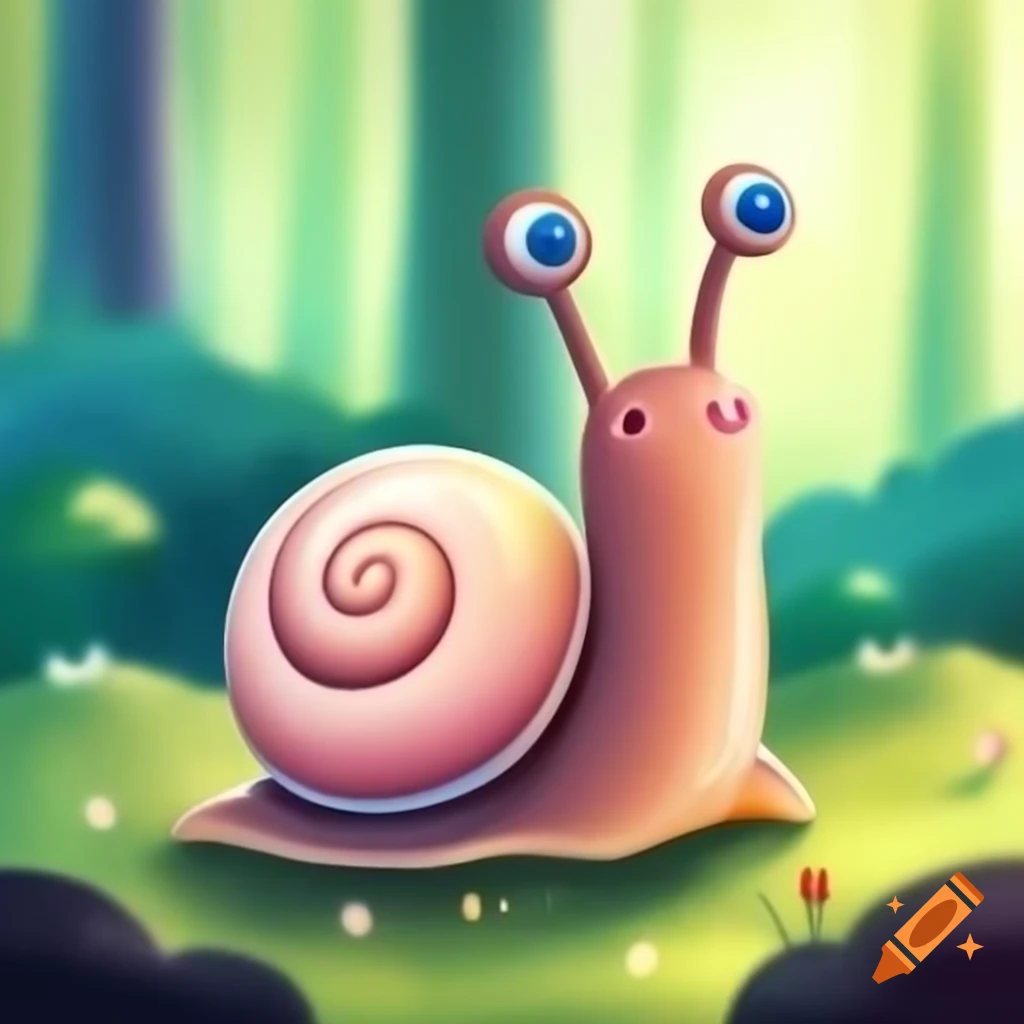Kawaii snail with blue eyes in magical forest, pastel rainbow colors