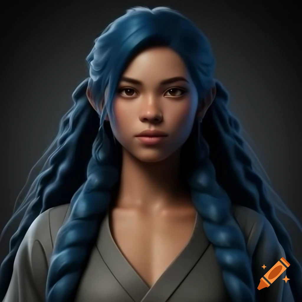 3D character design of young woman in karate kimono with dark blue hair