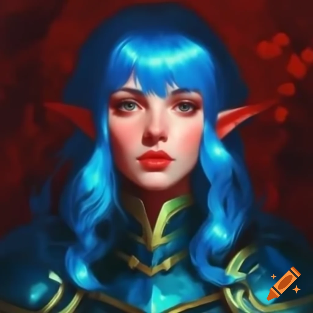 Retro pixel art portrait of blue-haired demi-elf in nomad village, impressionist style