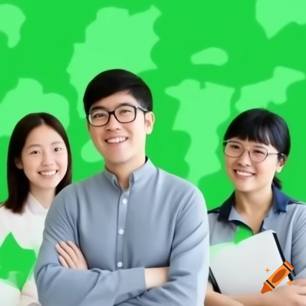 Asian team collaborating in front of green background for business
