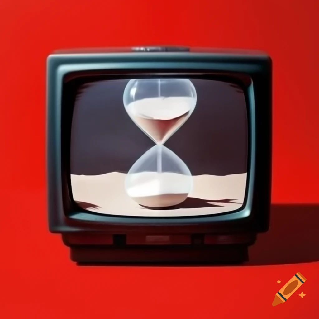 Black CRT TV displaying hourglass with white sand on red background