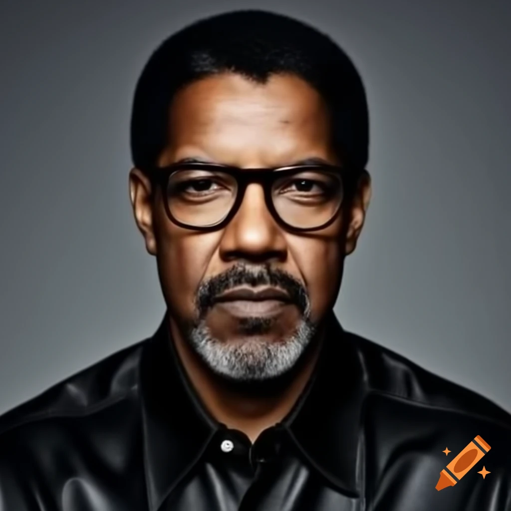 Denzel Washington wearing glasses and leather shirt with beard