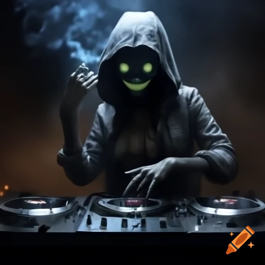 Female DJ with mask surrounded by smoke