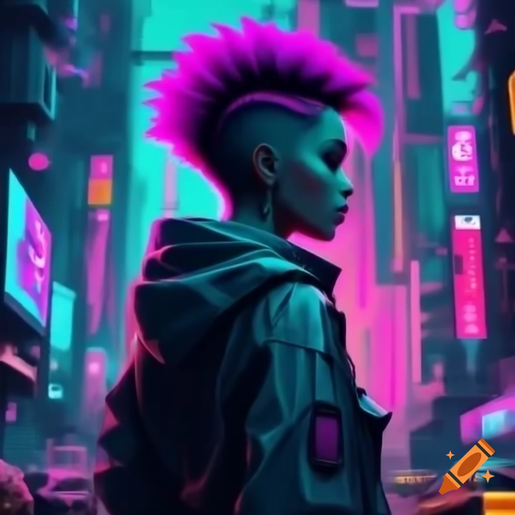 Cyberpunk cityscape with neon colors and girl with mohawk