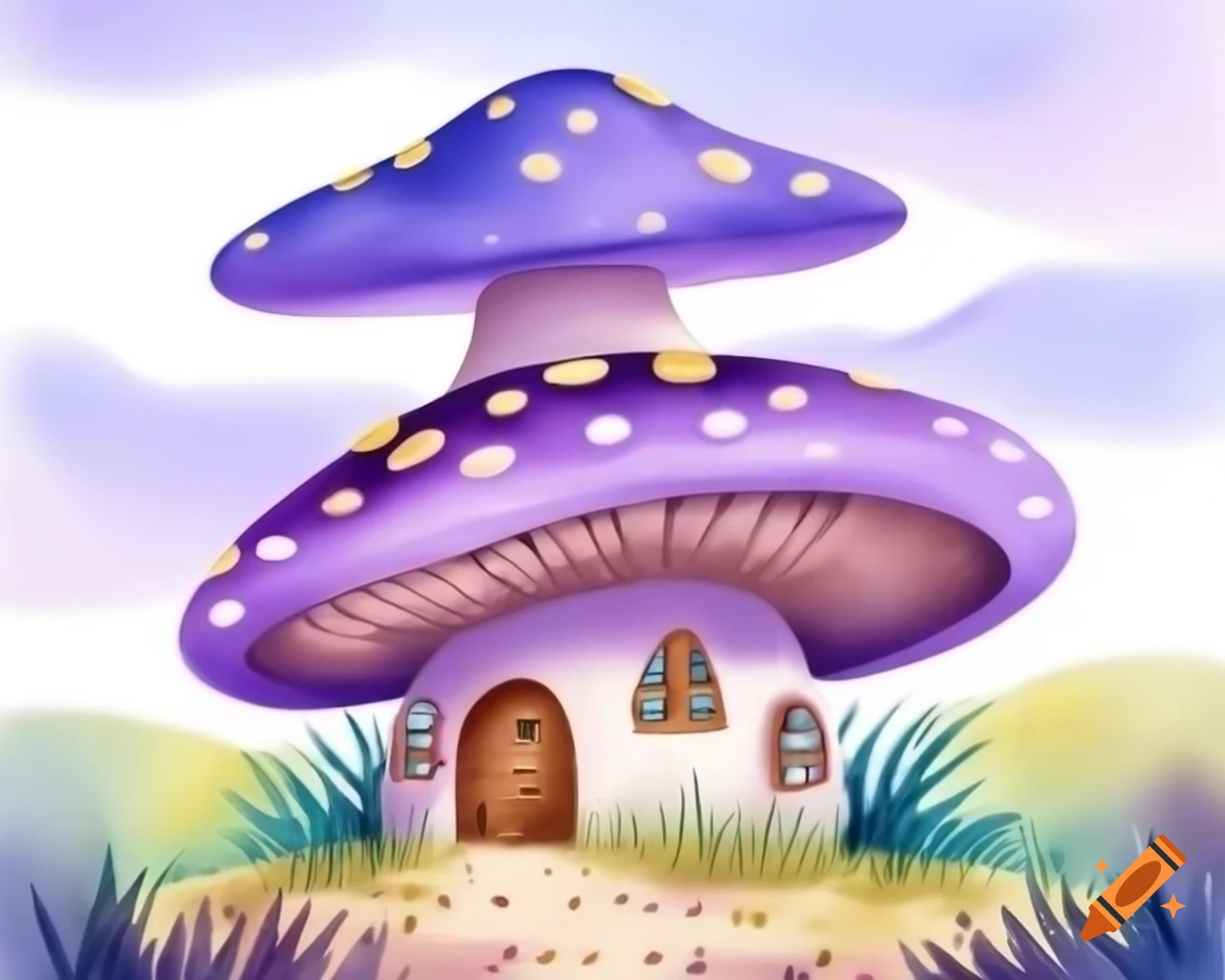 Watercolor mushroom house in violet and brown storybook style