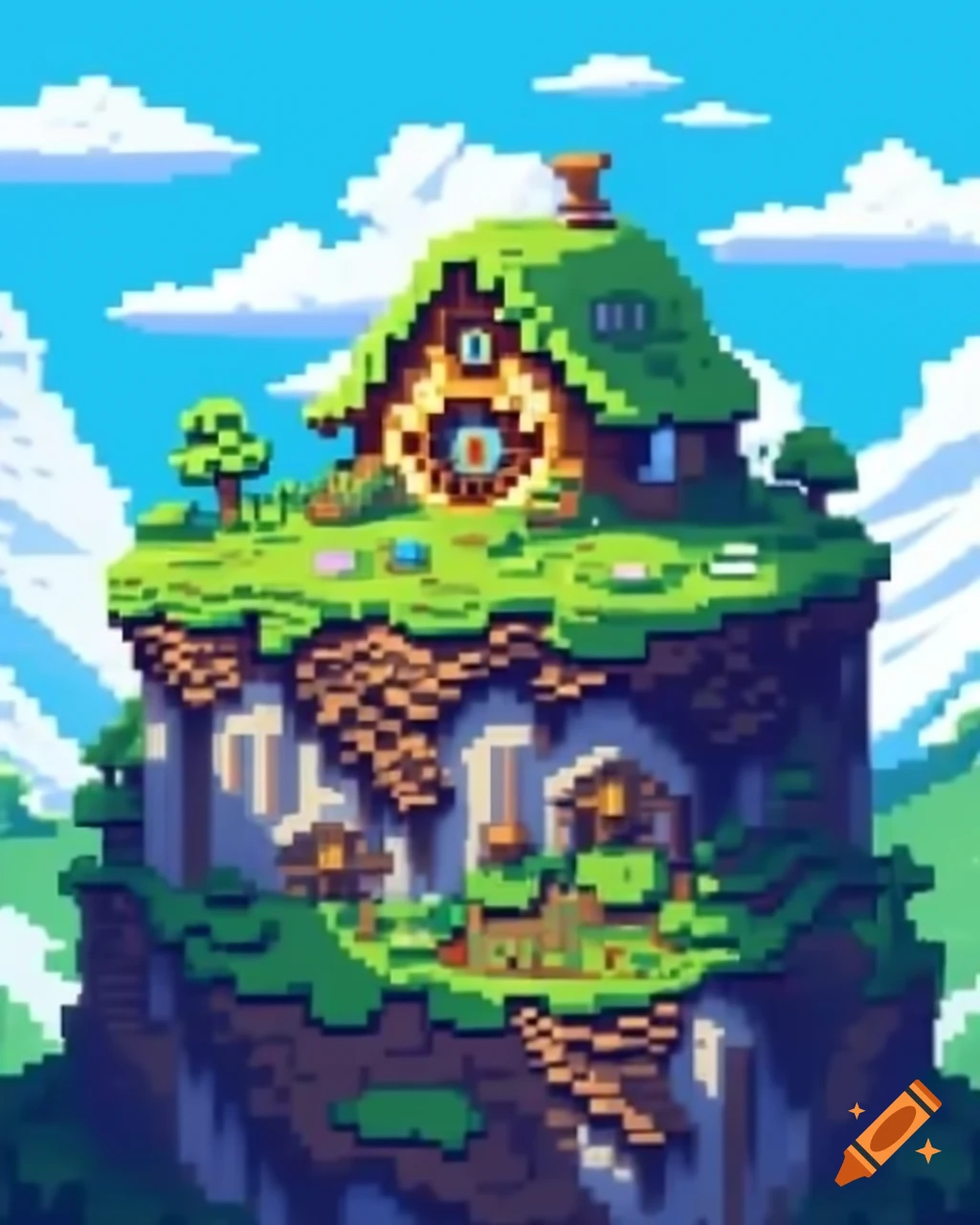 32-bit pixel art of a hobbit house on a mountain