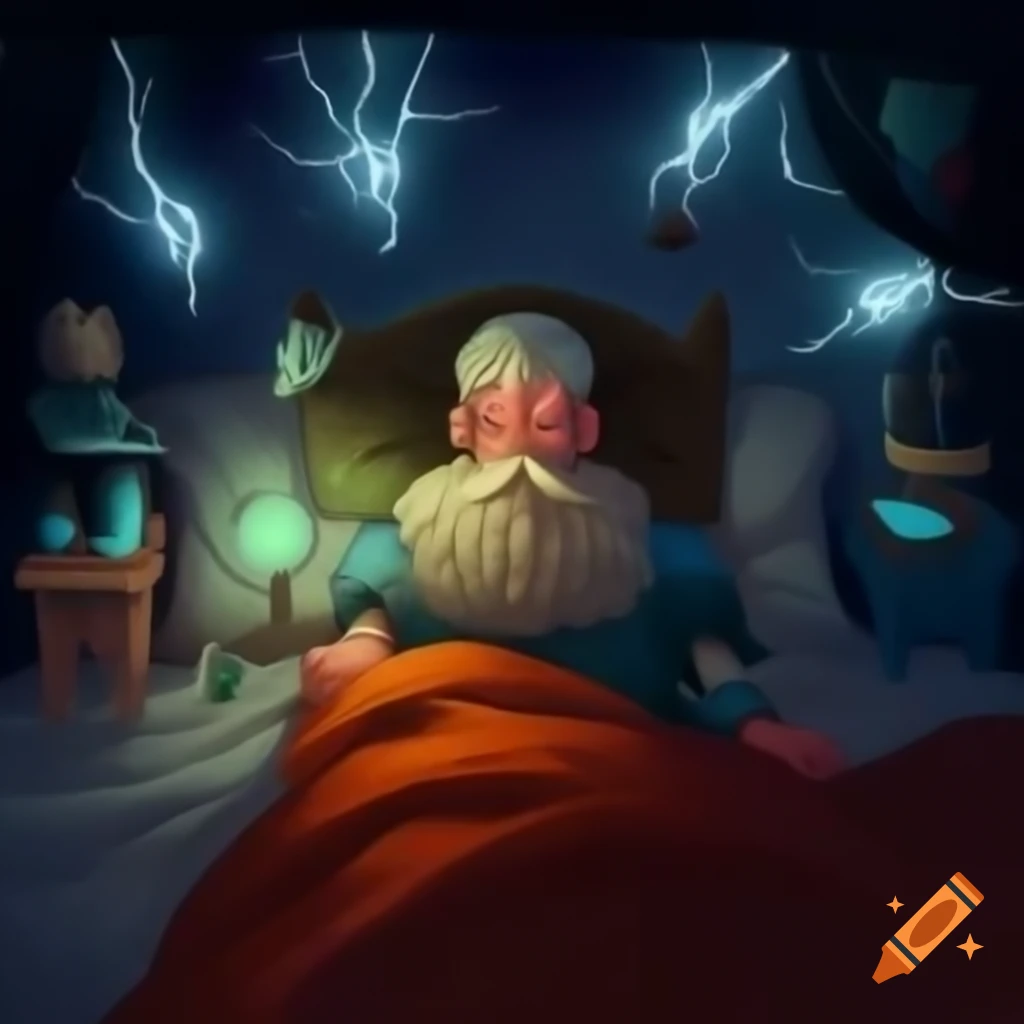 Male scientist named Forty-Too experiencing a realization with lightning, vanishing to bed