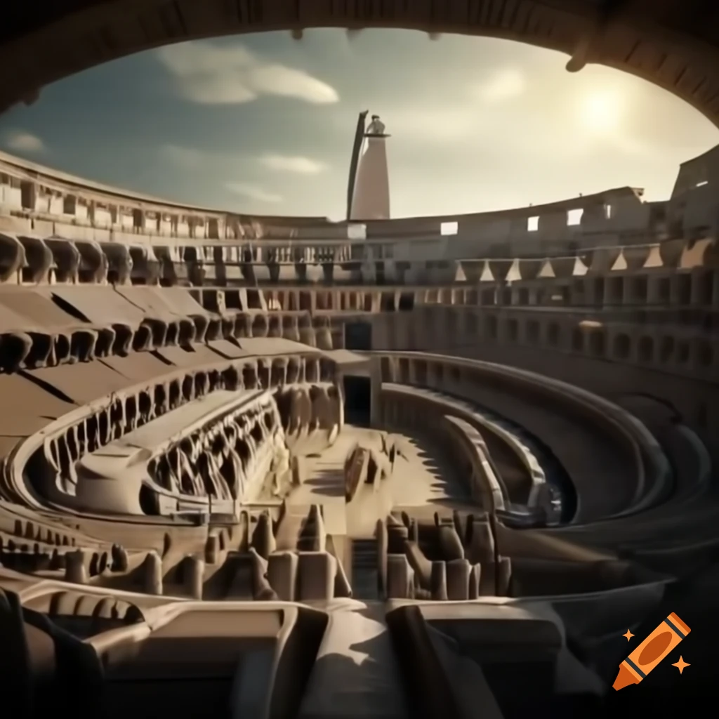 Medieval fantasy arena inspired by Colosseum with ancient stone walls and a lively crowd