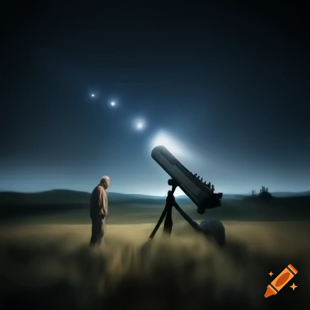 Lonely old man using telescope in dark field