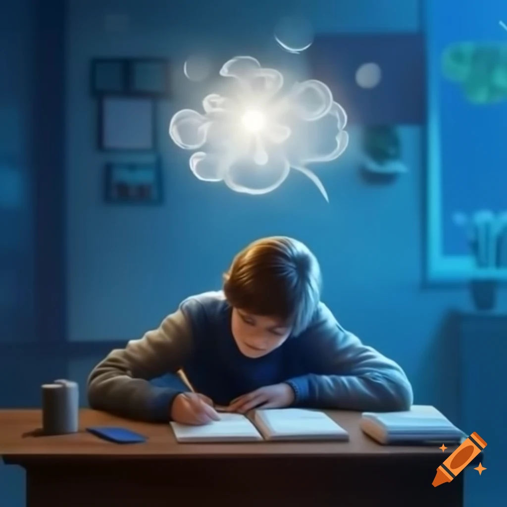 Person writing at desk with childhood memories represented in thought bubbles