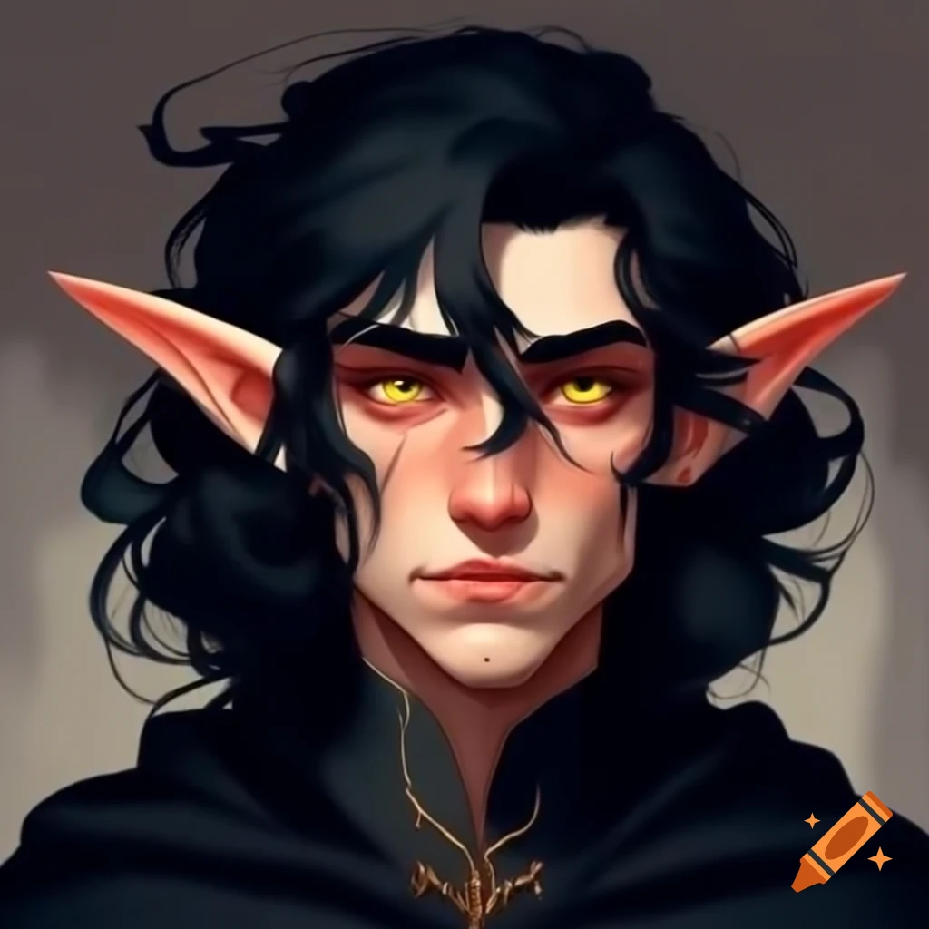 Young elf man with black hair and cloak, featuring a prominent scar on his face
