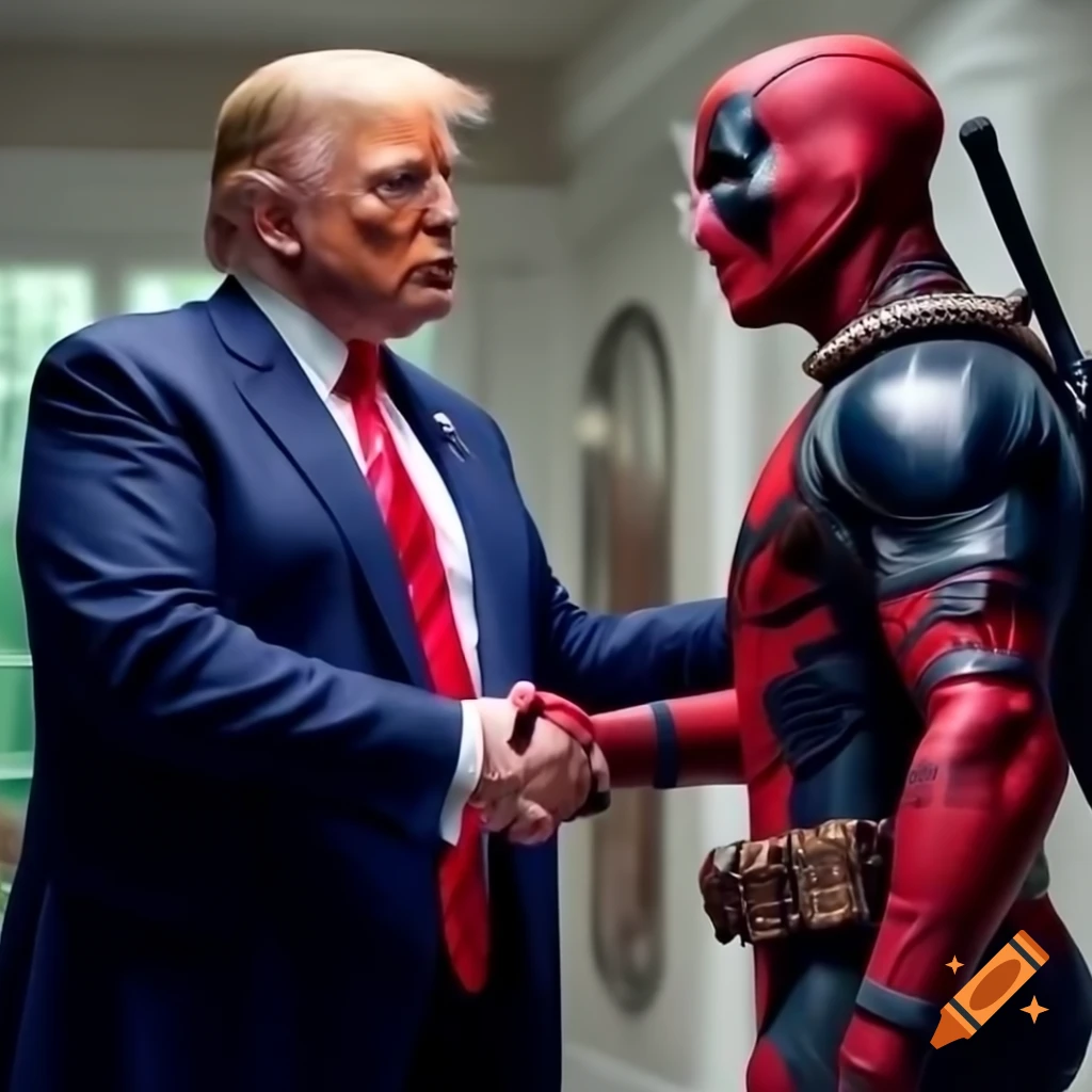 Realistic representation of Donald Trump shaking hands with Deadpool in the White House