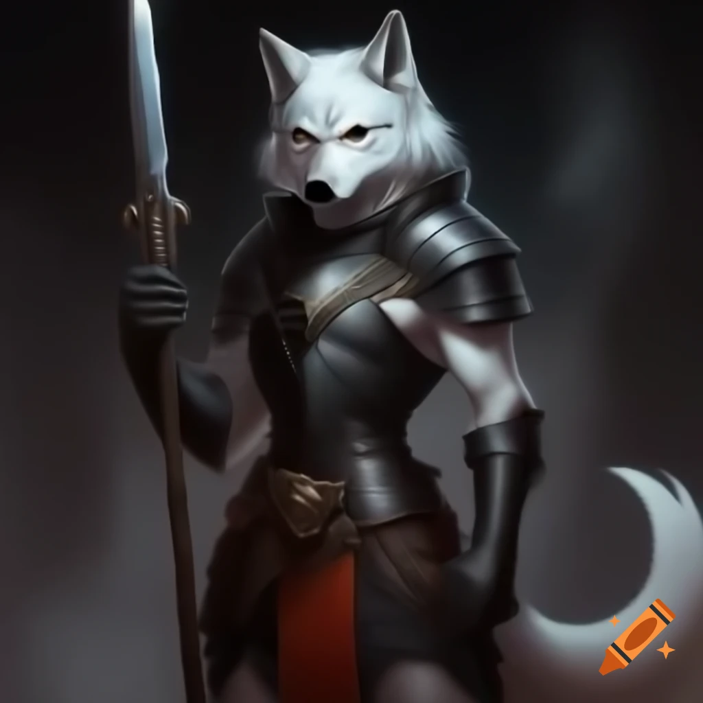 Furry female wolf in black armor wielding a spear