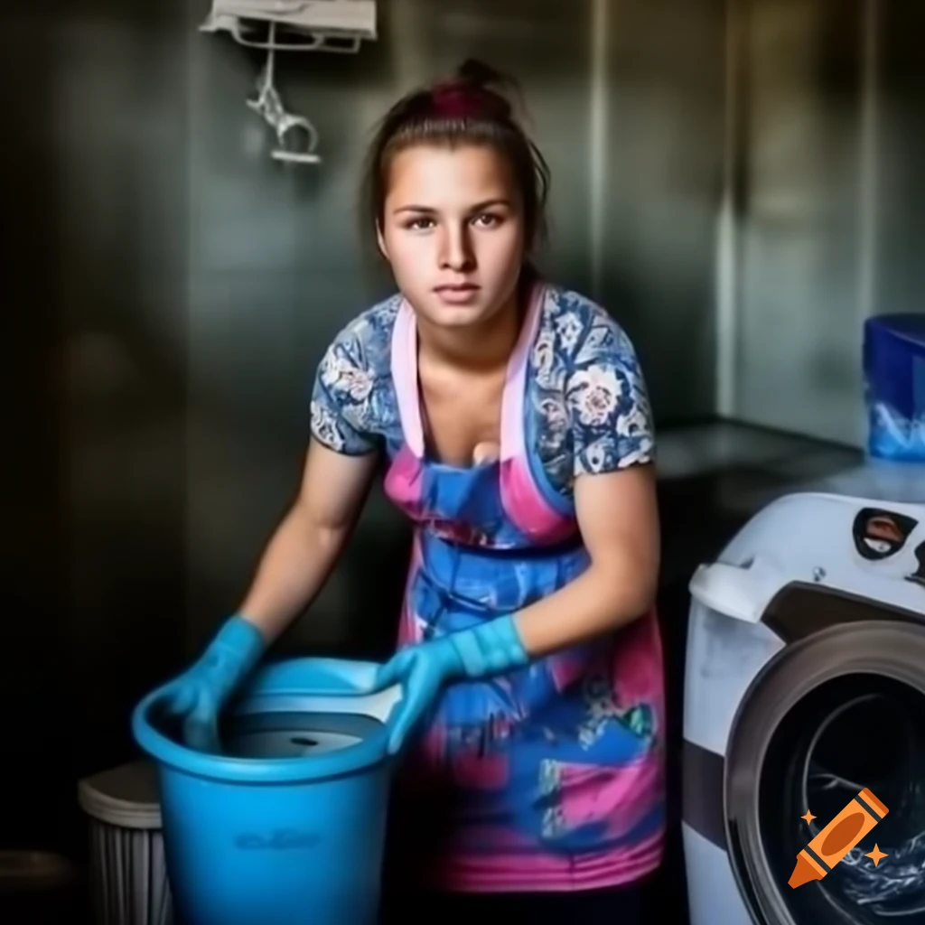 Caucasian housewife in floral apron collecting soapy water from laundry machine