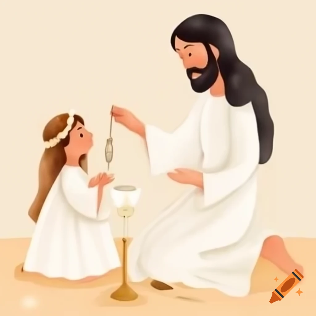 Girl making first communion with Jesus in watercolor style