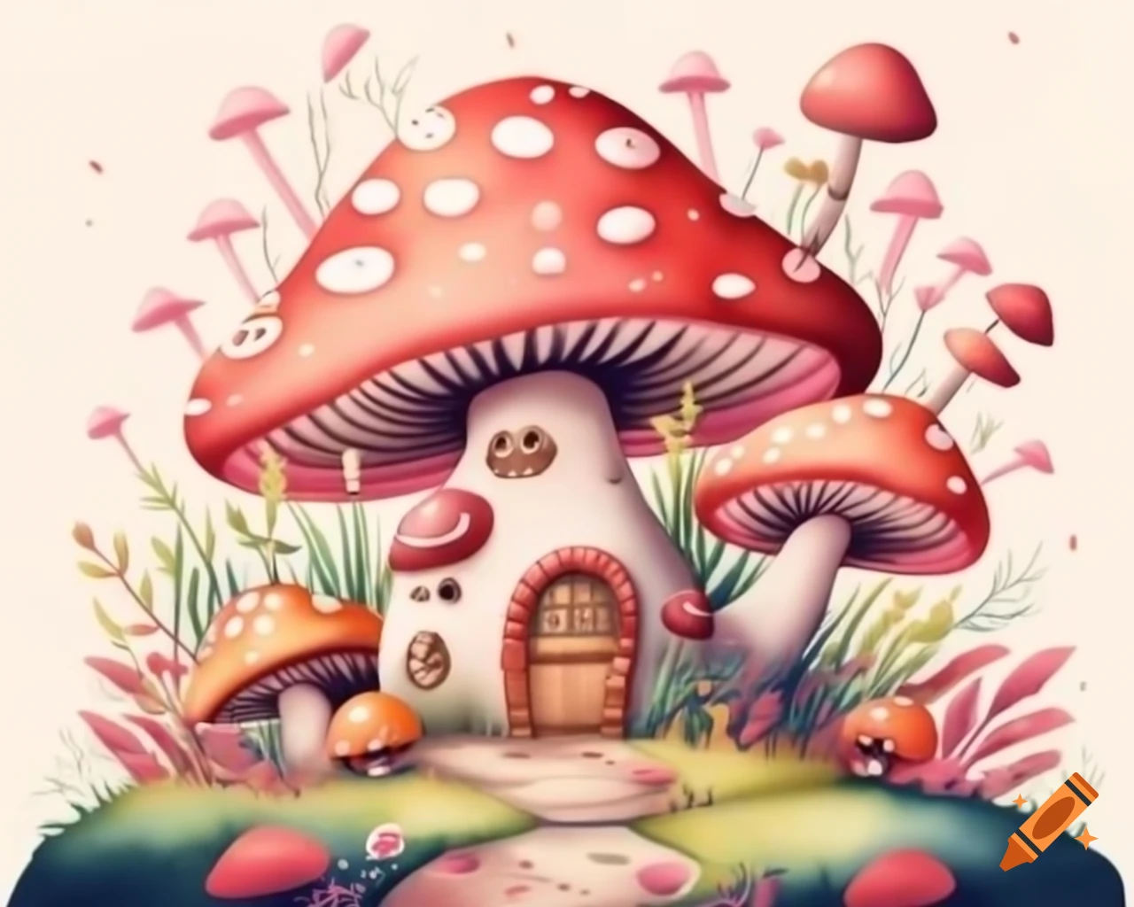 Watercolor mushroom house in warm pink and brown storybook style