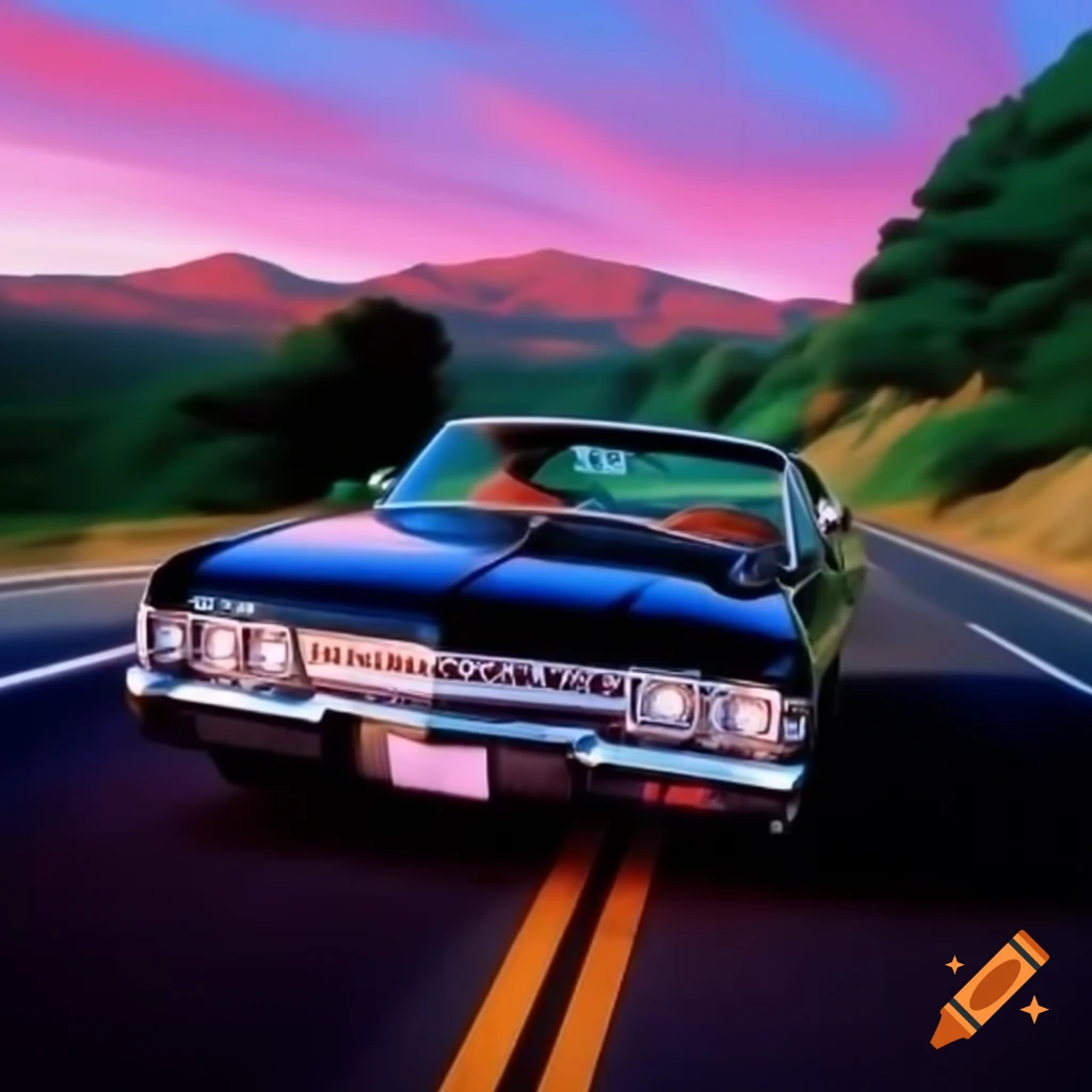 1967 Chevy Impala driving on winding country road, showcasing black color and chrome details