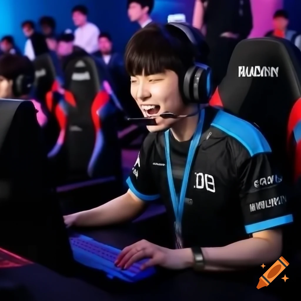 Korean male professional gamer competing with headset in front of cheering crowd