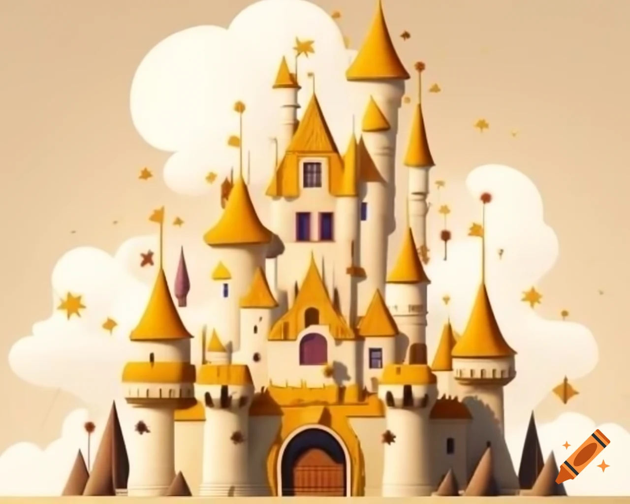 Fairy castle in mustard gold and white storybook style