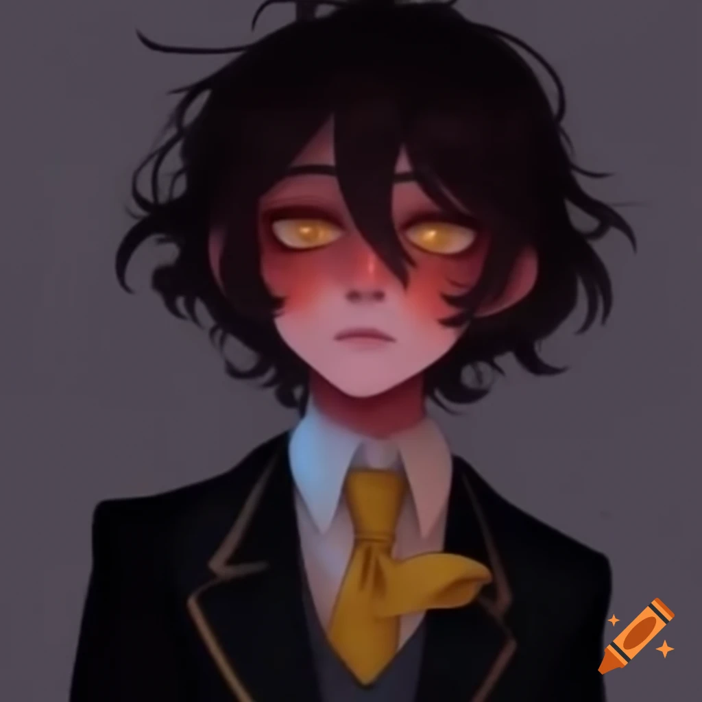 Nonbinary character with messy brunette hair and gold eyes wearing a school uniform with glowing lines