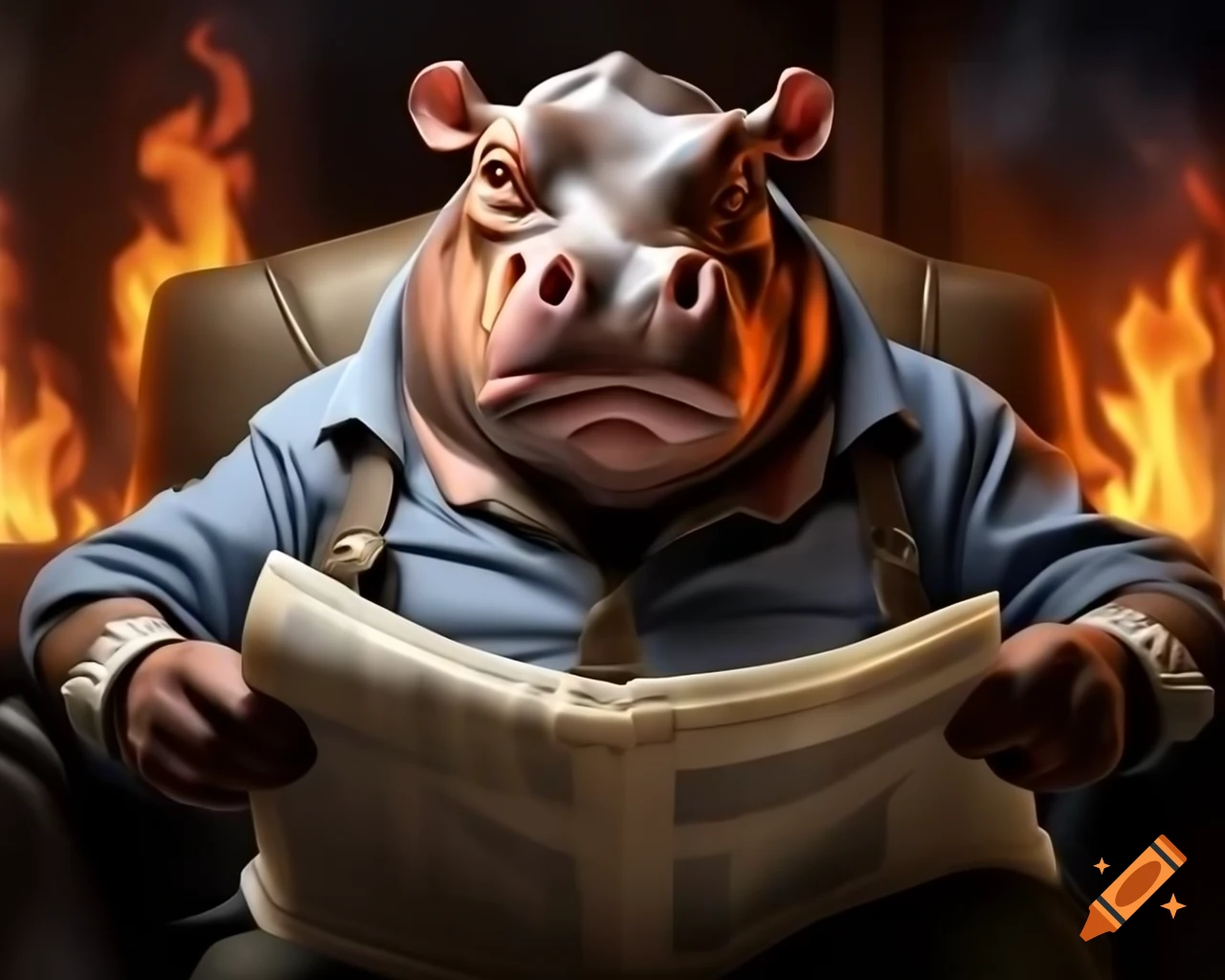 Angry hippo reading newspaper on sofa with flames in background, hyper detailed illustration