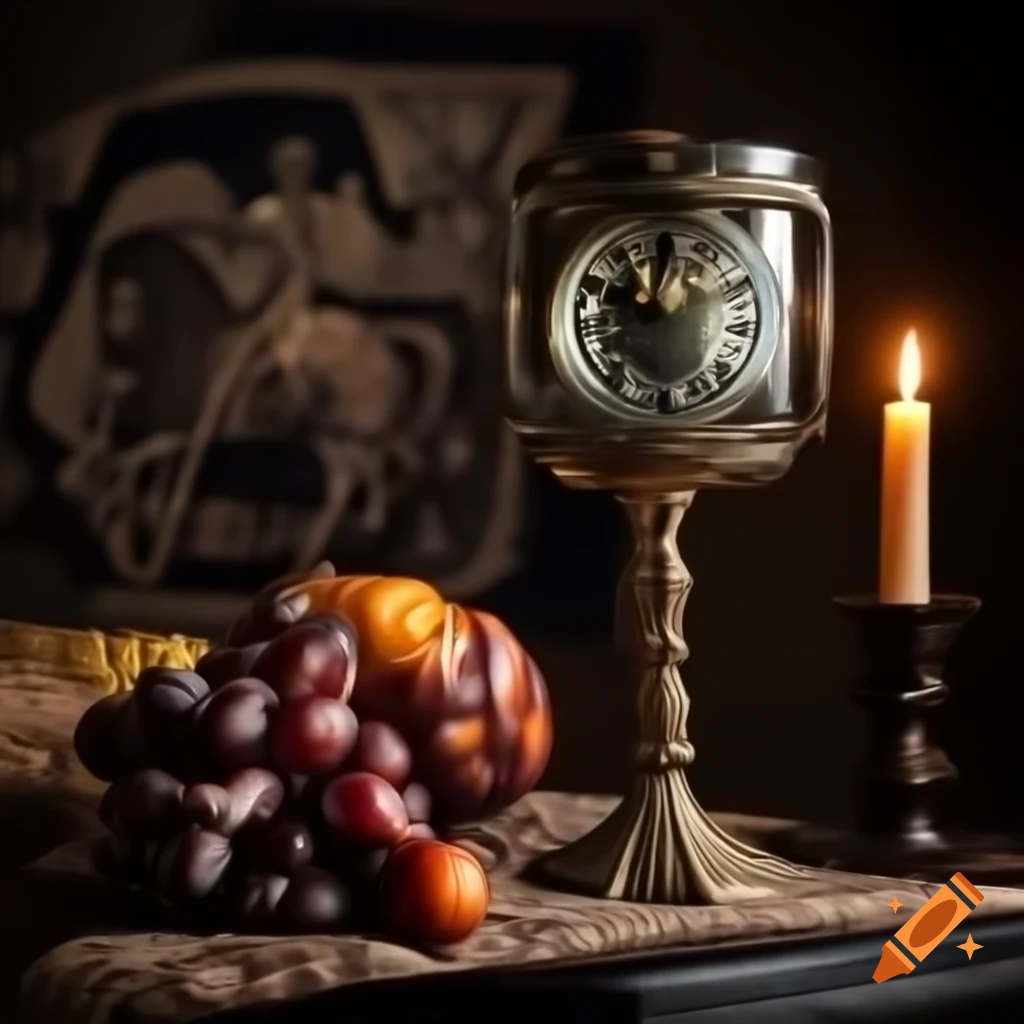 Steampunk goblet, clock, horse, and fruit on tapestry with candlelight