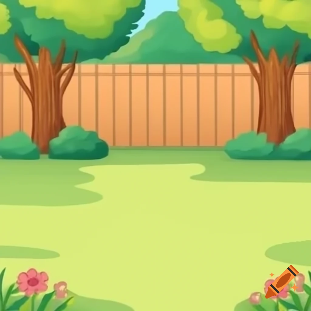 Cartoon of a backyard featuring trees and flowers