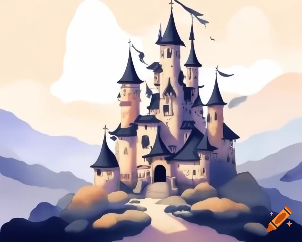Watercolor fairy castle in black and cream storybook style
