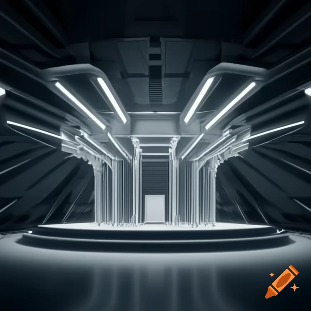 Futuristic government exhibition stand showcasing new technologies in monochrome