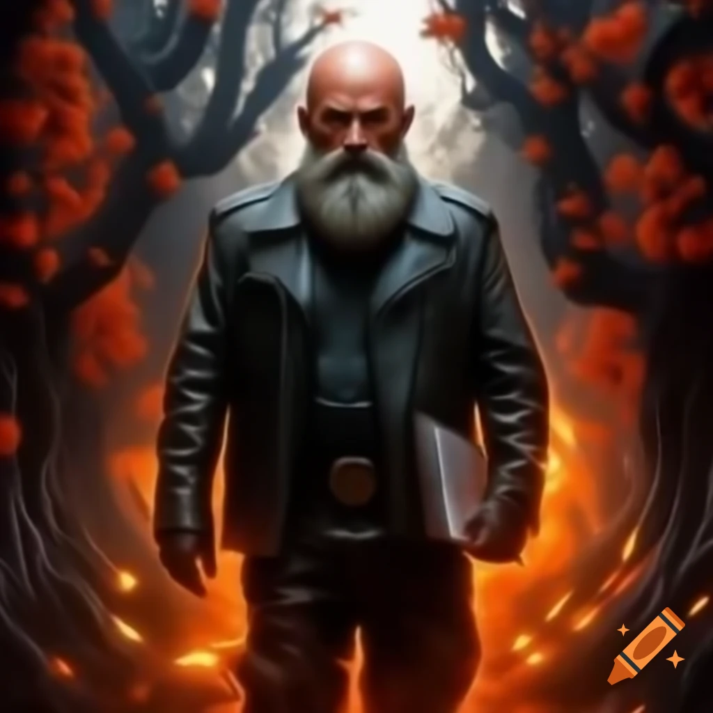 Bald man in leather pants walking through forest of burning rowan trees holding a calendar
