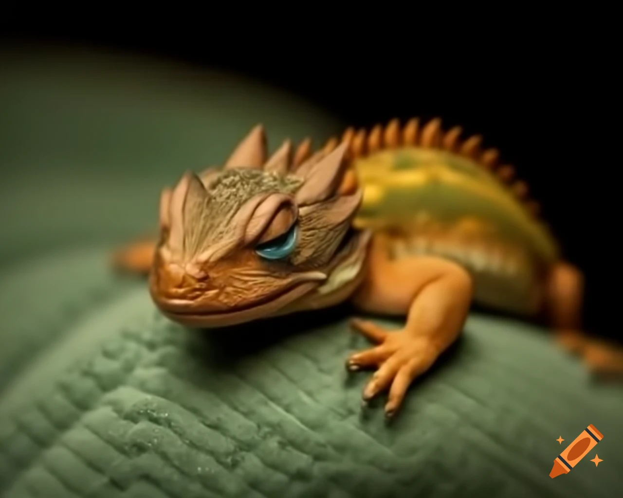 Miniature dragon sleeping on pillow in VHS photography style
