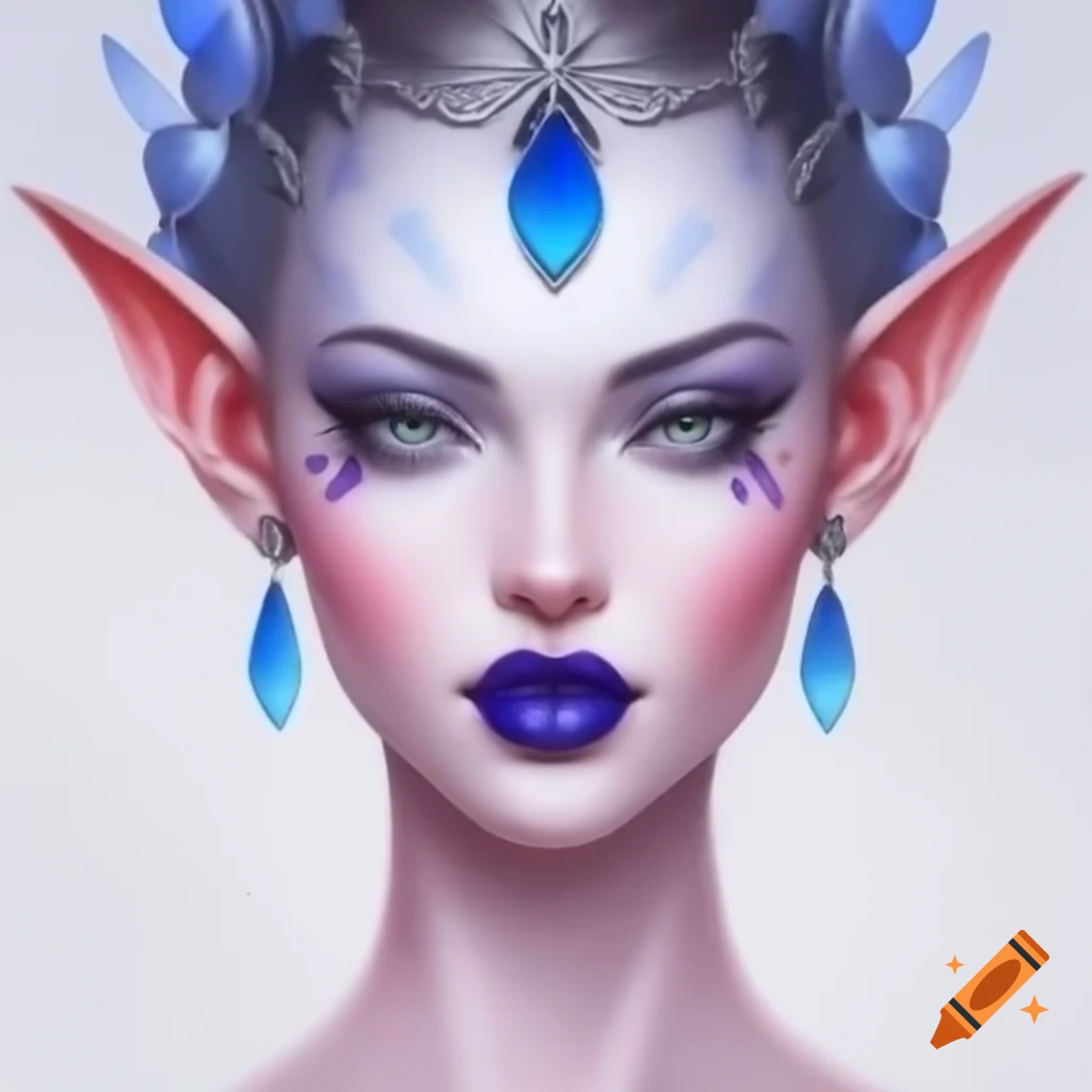 Portrait of a woman with blue skin and gills wearing a silver crown
