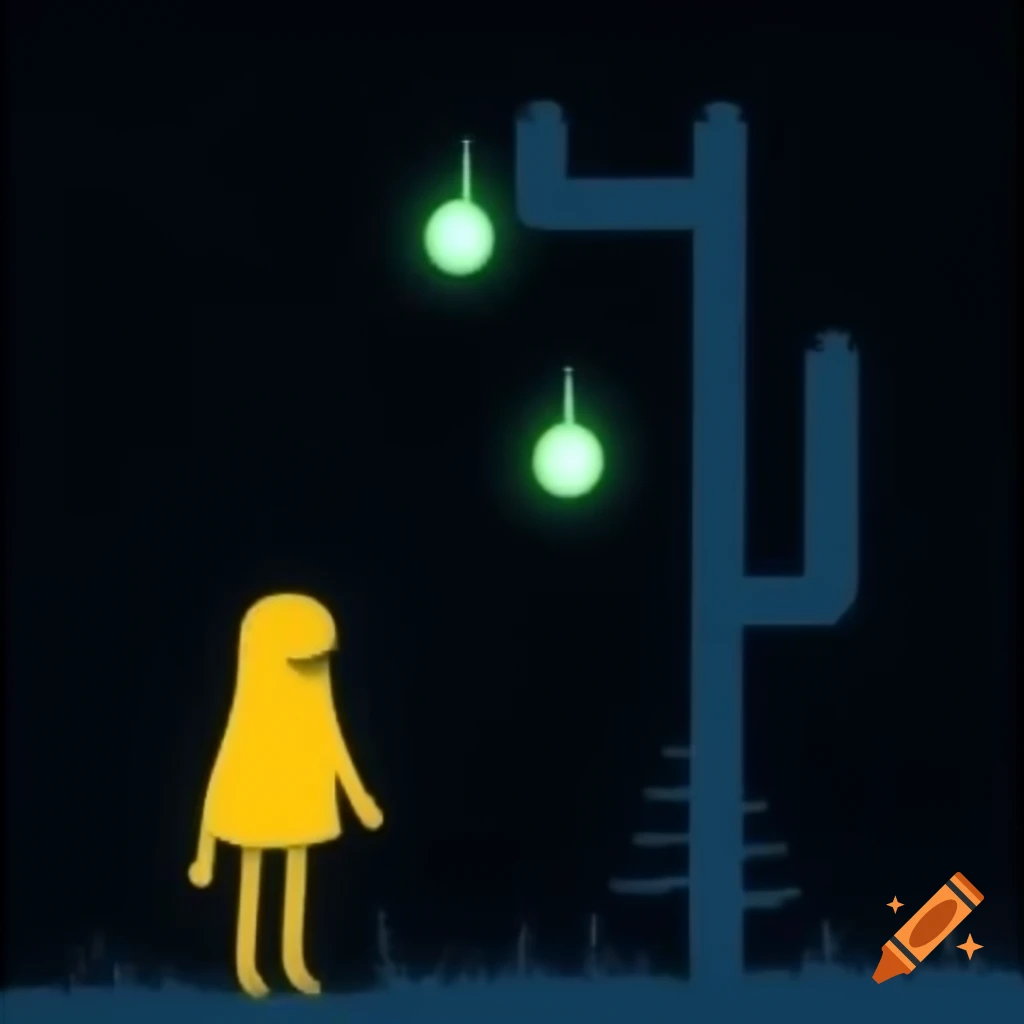 Minimalistic character and magic tree design on dark blue background